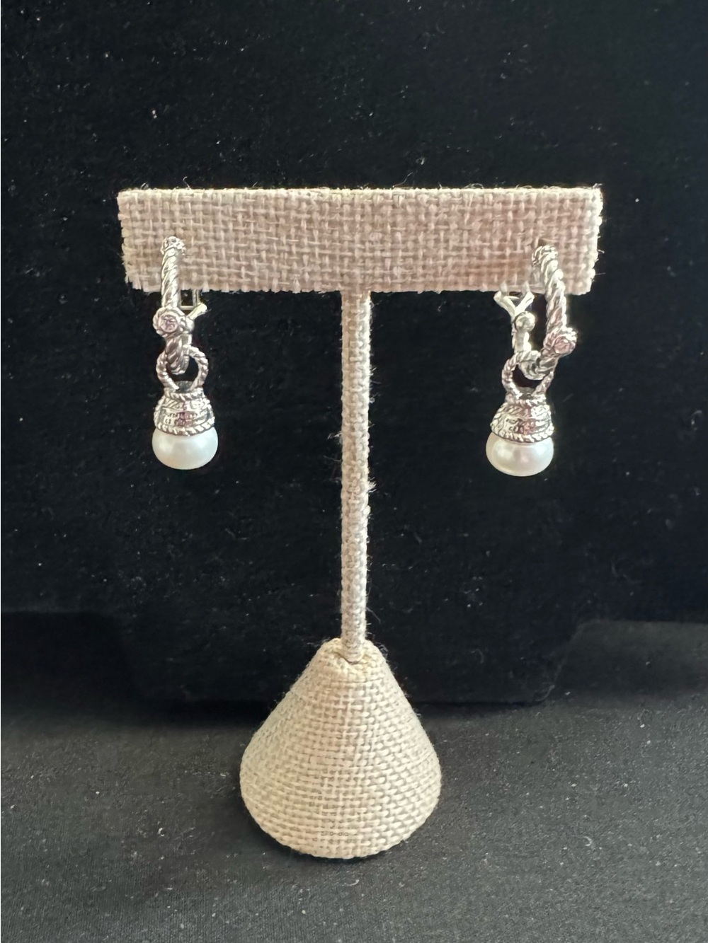 Judith Ripka 925 Silver Drop White Pearl Earrings w/ CZ Crystal Accents - Picture 8 of 10